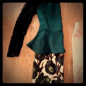 Blouse forest green very soft black lace.